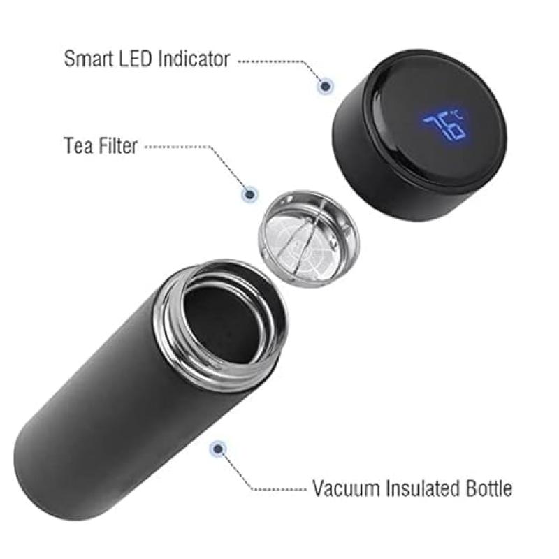 Stainless Steel Hot and Cold Vacuum Insulated Flask Water| Digital Display Temperature Bottle, Black Double Layer Walled 500 ml (Set of 1)